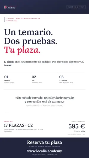 Curso Auxiliar Administrativo/a · Ayuntamiento de Badajoz 2026 · cartel vertical