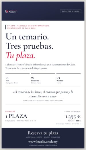 1 plazas de Técnico/a Medio Informático/a · Ayuntamiento de Cádiz 2026