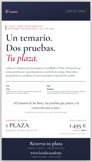 1 plazas de Arquitecto/a municipal · Ajuntament de Castellbell i el Vilar 2026