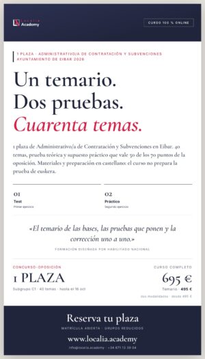 1 plazas de Administrativo/a de Contratación y Subvenciones · Ayuntamiento de Eibar 2026