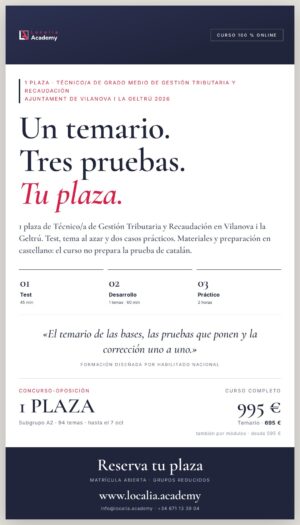 1 plazas de Técnico/a de grado medio de Gestión Tributaria y Recaudación · Ajuntament de Vilanova i la Geltrú 2026