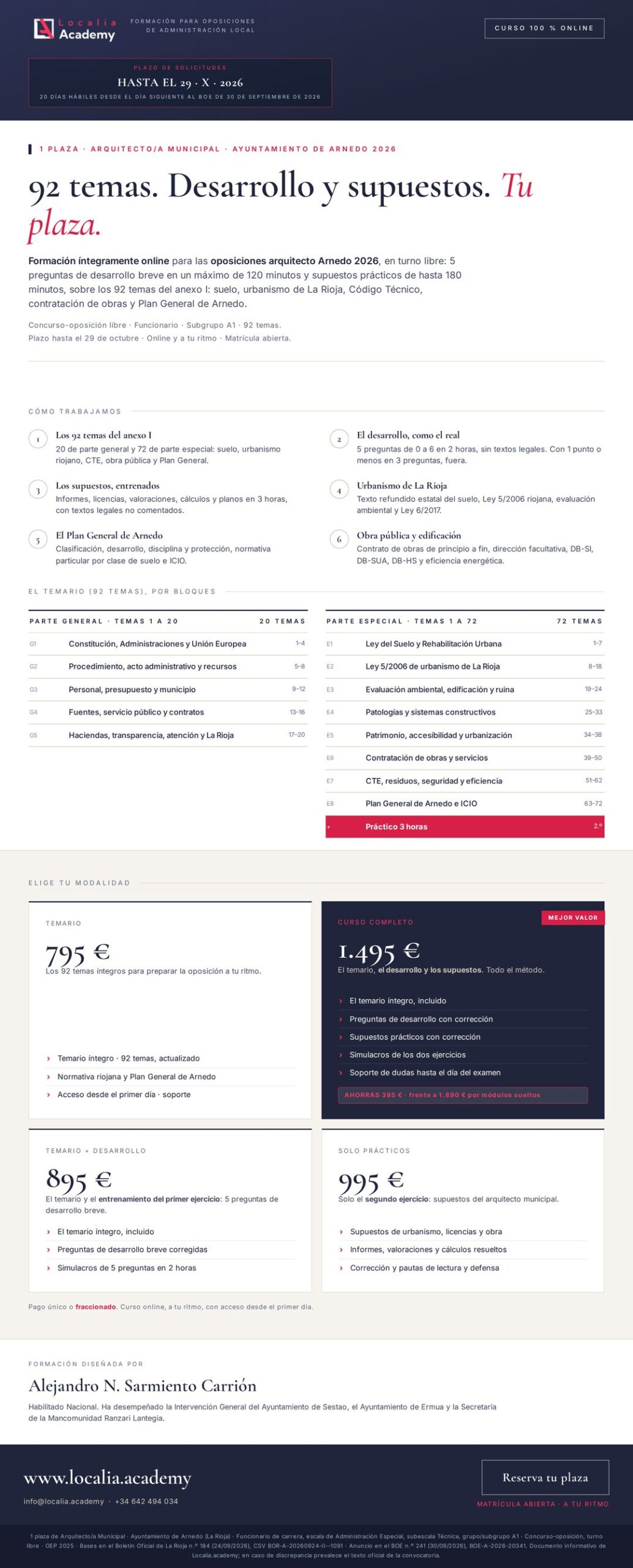 Curso online oposiciones Arquitecto/a Municipal Ayuntamiento de Arnedo 2026