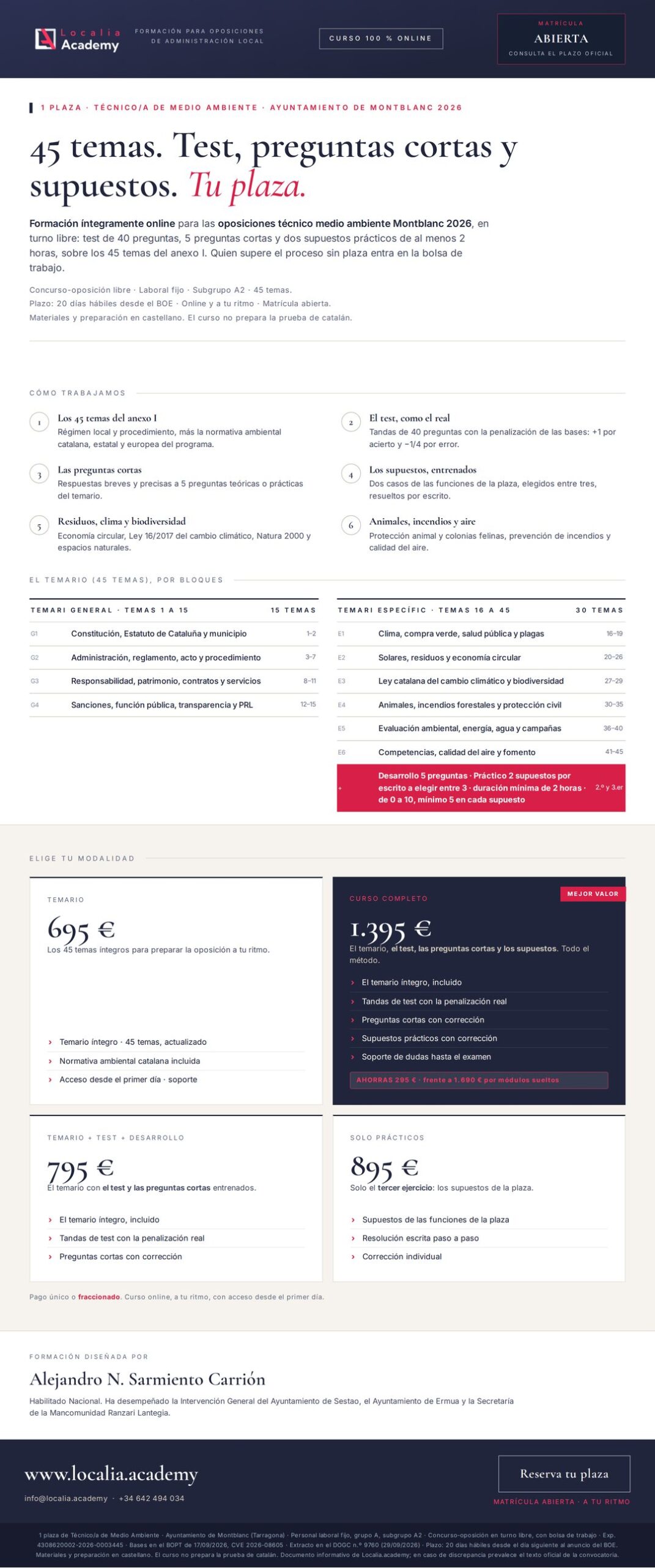 Curso online oposiciones Técnico/a de Medio Ambiente Ayuntamiento de Montblanc 2026
