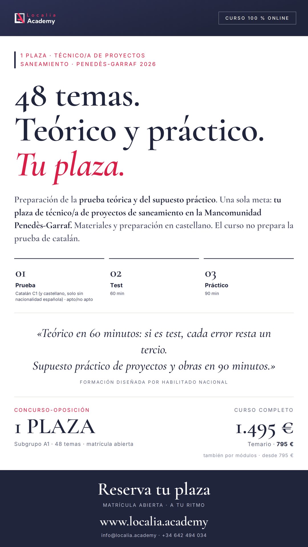Curso online oposiciones Técnico/a de Proyectos de Saneamiento Mancomunidad Penedès-Garraf 2026