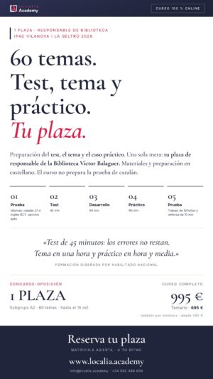 Curso online oposiciones Responsable de biblioteca, documentación e investigación Institut Municipal de Patrimoni Cultural de Vilanova i la Geltrú 2026