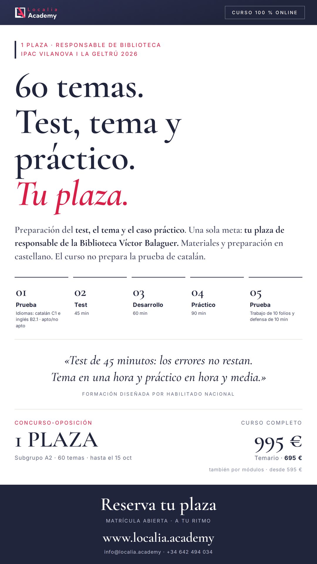 Curso online oposiciones Responsable de biblioteca, documentación e investigación Institut Municipal de Patrimoni Cultural de Vilanova i la Geltrú 2026