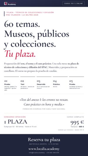 Curso online oposiciones Técnico/a medio/a de colecciones y difusión Institut Municipal de Patrimoni Cultural de Vilanova i la Geltrú 2026