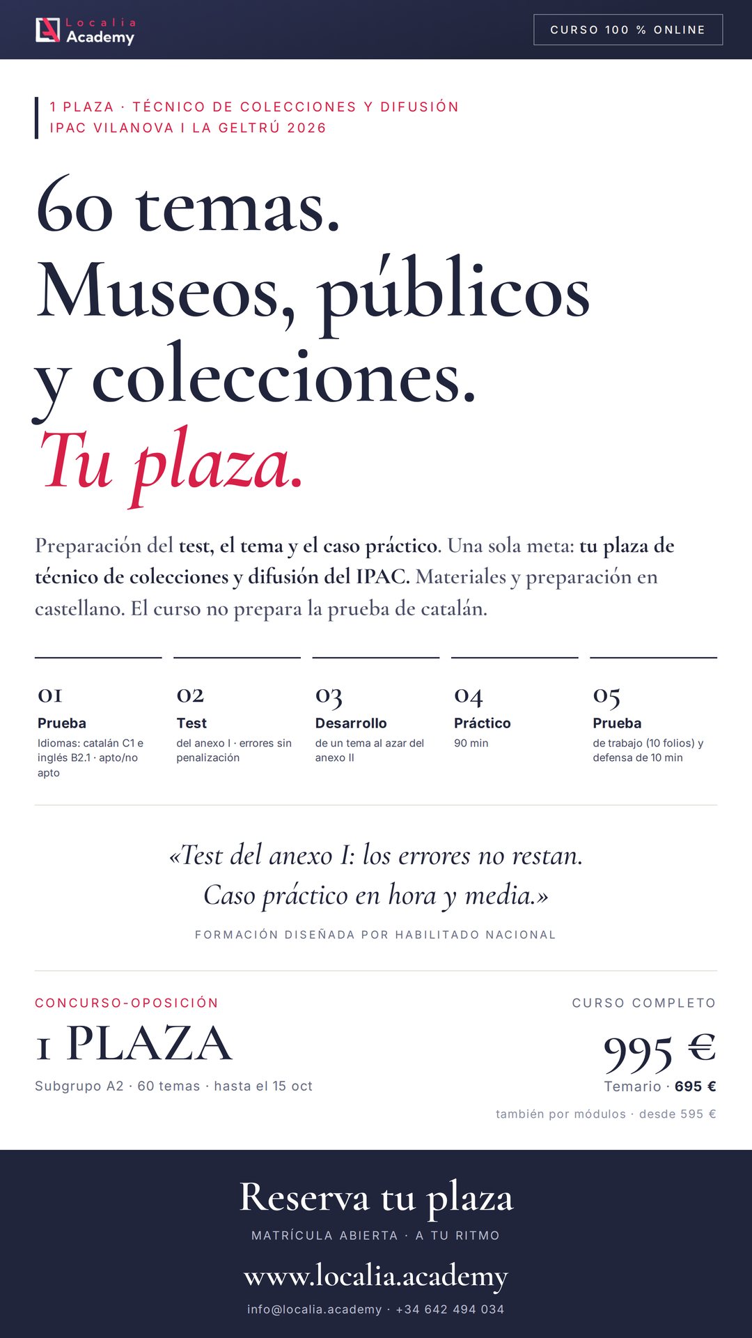 Curso online oposiciones Técnico/a medio/a de colecciones y difusión Institut Municipal de Patrimoni Cultural de Vilanova i la Geltrú 2026