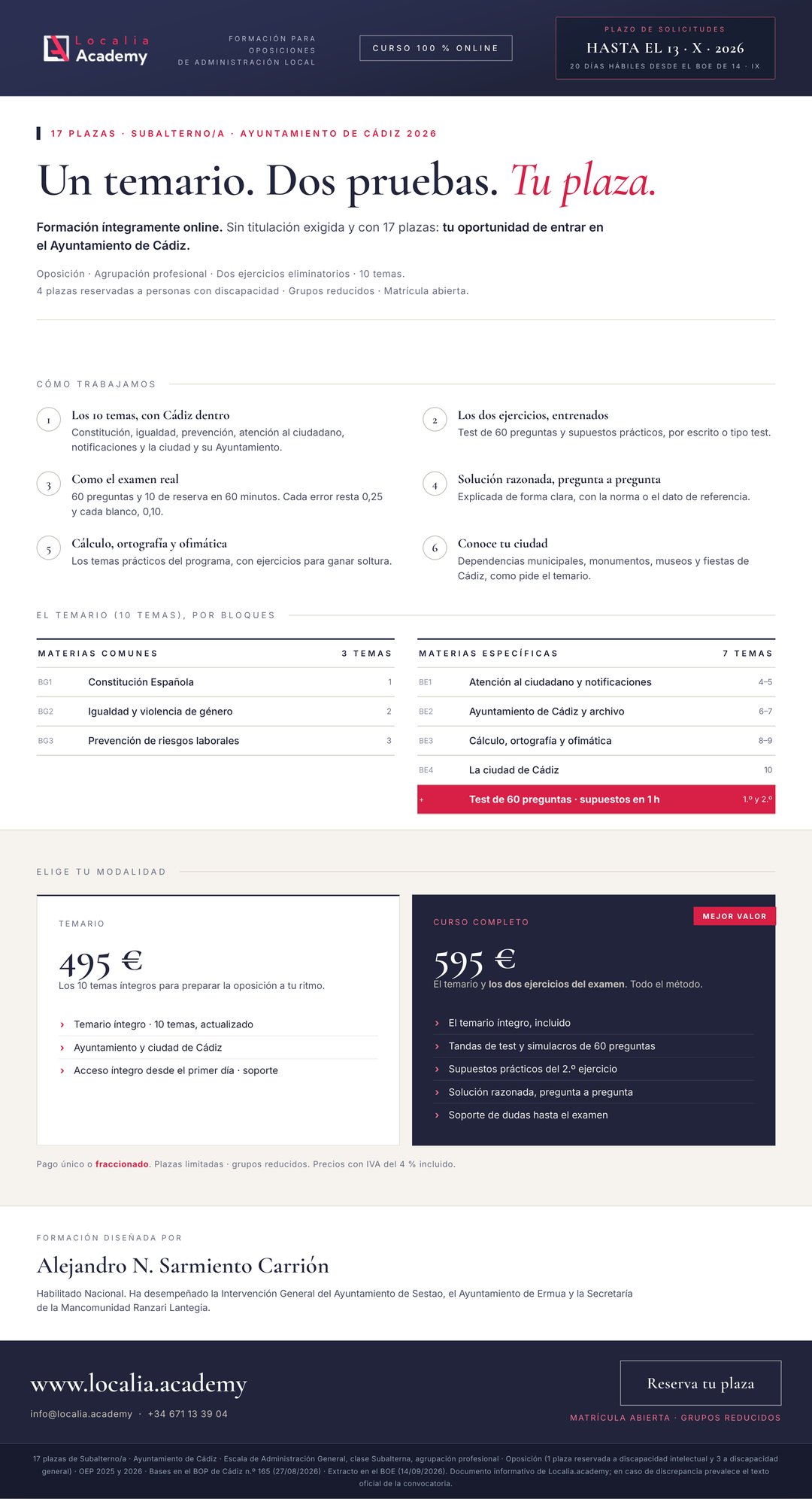 Cartel Subalterno Cádiz 2026 Curso oposiciones Subalterno/a Ayuntamiento de Cádiz 2026: 17 plazas, 10 temas