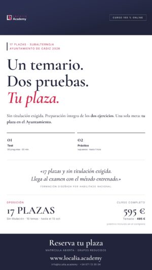 Curso oposiciones Subalterno/a Ayuntamiento de Cádiz 2026: 17 plazas, 10 temas