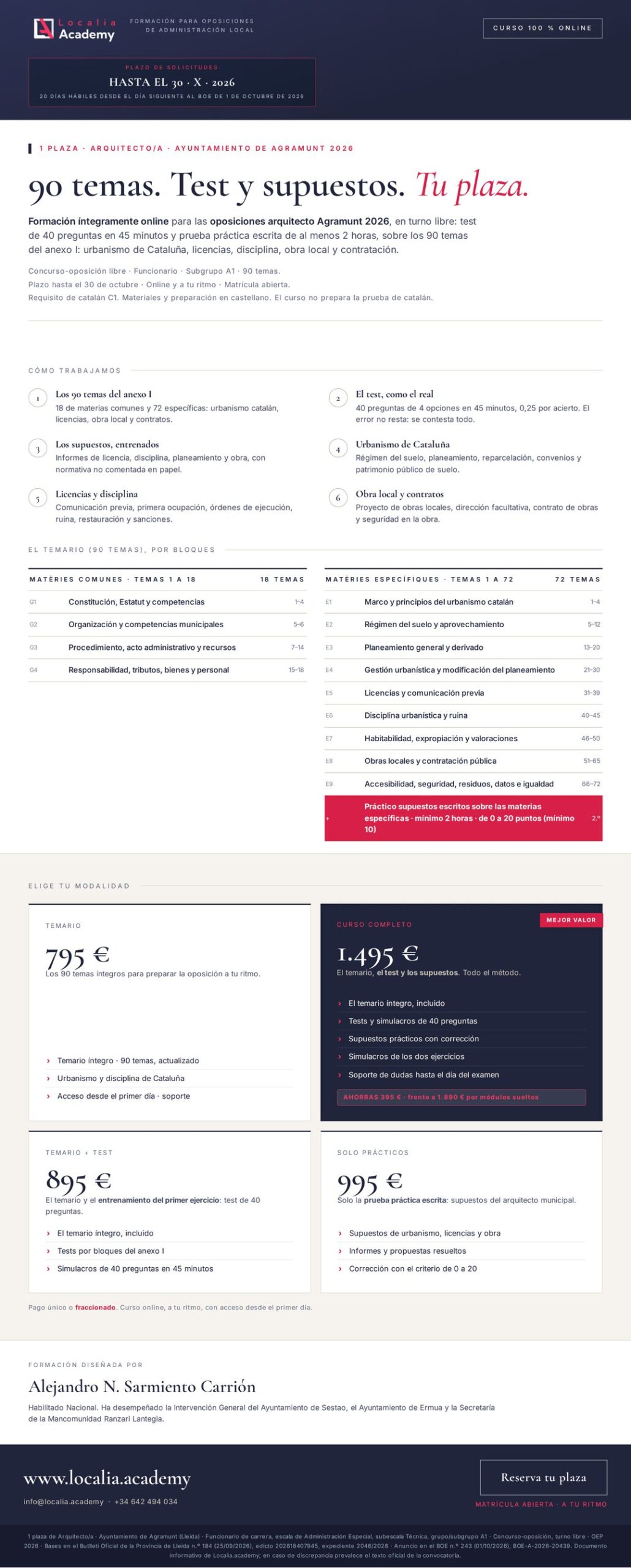 Curso online oposiciones Arquitecto/a Ayuntamiento de Agramunt 2026
