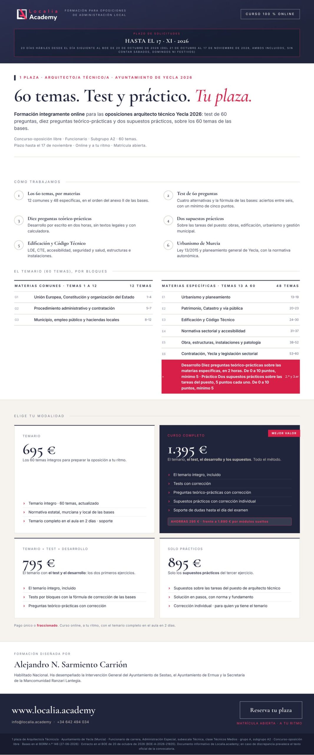 Curso online oposiciones Arquitecto/a Técnico/a Ayuntamiento de Yecla 2026